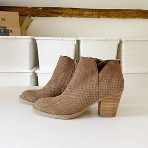 Dolce Vita Taupe Perforated Suede Ankle Booties with Stacked Heel